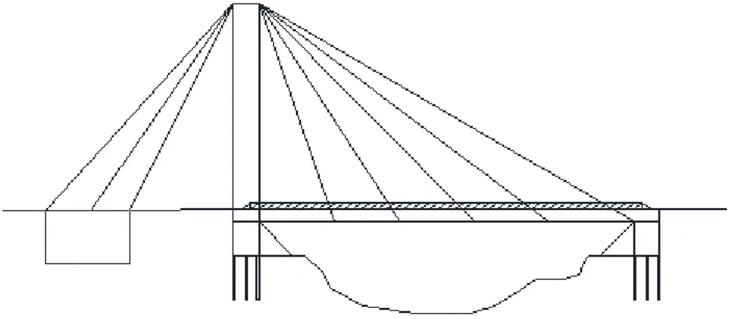 Figur 28: Skiss från sidan på Brokoncept 7, snedkabelbro med betongpyloner, längs- och tvärgående balkar i stål och  brobana i betong.