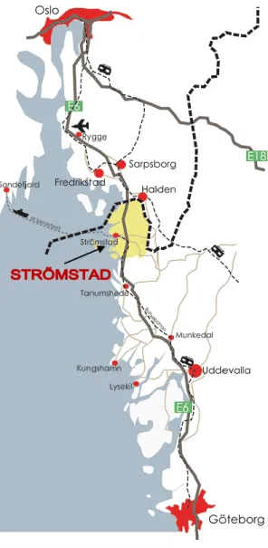 Figur 1: Karta över Strömstads läge i relation till viktiga handelsorter i Sverige och Norge (Strömstad, 2009)                                                   