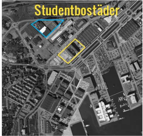 Figur 12 - Studentbostäder markerade i gult och Polstjärnan markerad i blått 