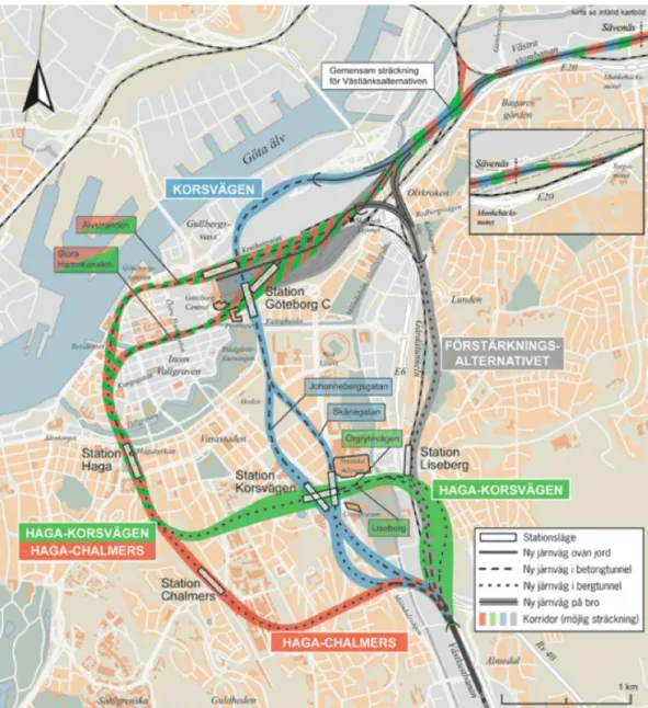 Figur 9 Karta med de träckningsalternativ som utretts i järnvägsutredningen (Banverket, 2006a) 