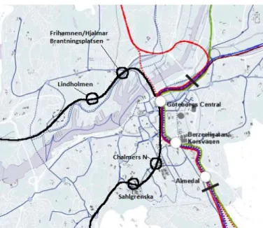 Figur 12 Svart linje visar utbyggnadsmöjlighet mellan Hisingen  och Askim/Särö, ringar markerar möjliga stationslägen