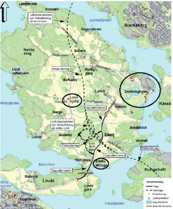 Figur 3.2 Karta över Förbifart Stockholm delsträcka 2 med Drottningholm, Lovö kyrka och Natura 2000- 2000-området utmärkta (Trafikverket 2012d)