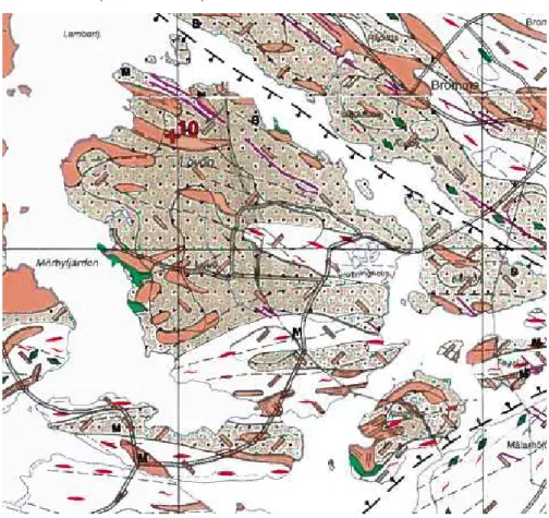 Figur  3.3  Snitt  ifrån  Berggrundskartan  över  Lovön  och  Kungshatt.  Rödbruna  zoner  på  kartan  är  yngre  granit,  gråbrunt  är  granit  till  granodiorit  och  vitt  är  metagråvacka  ©  Sveriges  geologiska  undersökning,  2001