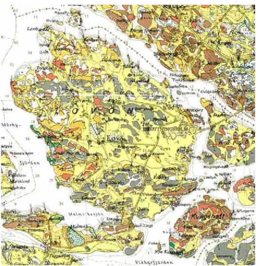 Figur 3.4 Jordartskarta över Lovön och Kungshatt. Gula områden står för lera medan rött, grått och brunt  är berg i dagen © Sveriges geologiska undersökning, 1965