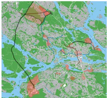 Figur 3 Områden i Stockholm som är under utveckling eller  planeras utvecklas (Stockholm stad 2012).