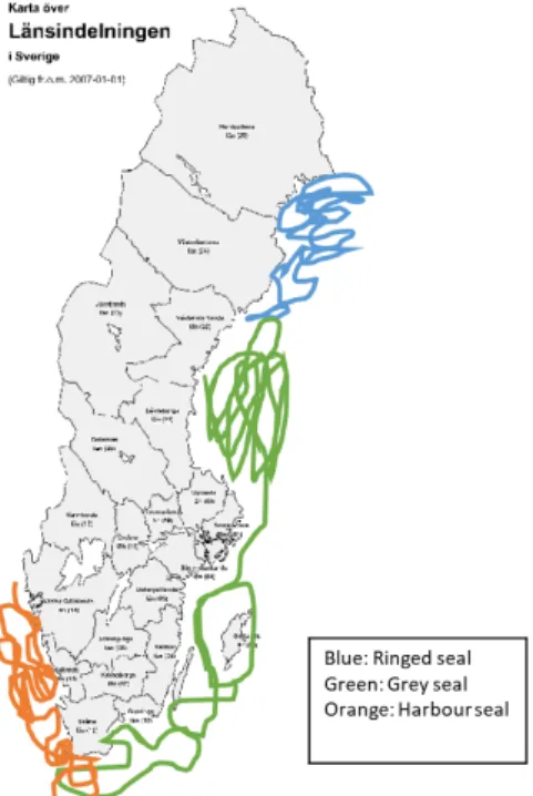 Figur 1. Overview of the seals habitats in Swedish coastal areas. Own adaptation from SCB 