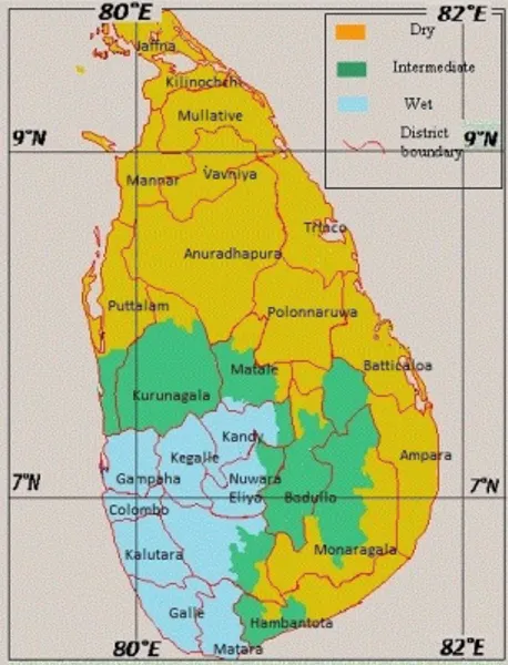 Figure 1. Map of Sri Lanka with the three climate zones. The dry zone; orange, the interme-
