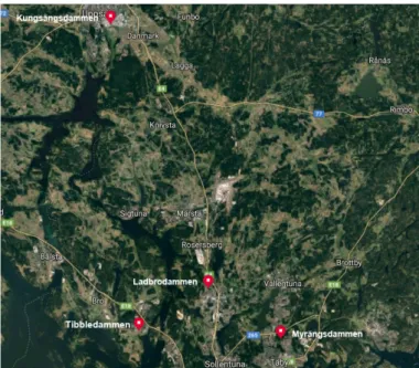 Figur 1. Placeringen för respektive damm markerat i rött. © Google maps, 2019. Innehåller bearbet-