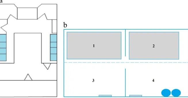 Figur 1a och b. Ritning över rummet (a) som burarna (blå markering) var placerade i samt ritning 