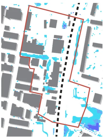 Illustration baserad på karta från Malmö stadsbyggnadskontor på  skyfallet 2014 med den nya parkens utsnitt