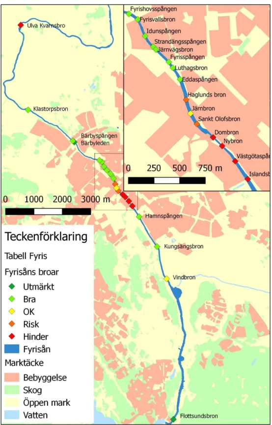 Figur  2.  Karta över hela området Ulva kvarn till Flottsund med alla broar färgkodade efter Klass