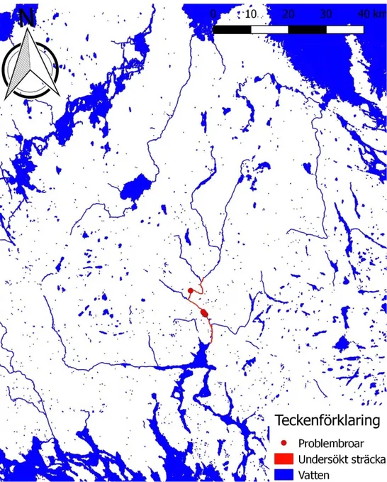 Figur 4. Karta över hela Uppsala läns större vattendrag samt den i denna studie undersökta sträckan