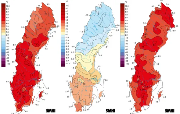 Figur 1. Avvikelse i medeltemperatur försommaren 2018. Från vänster: Maj, juni, juli.  (SMHI, 2018)  