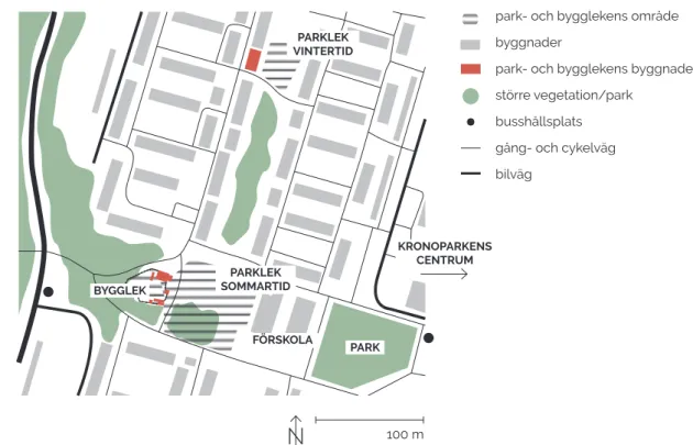 Figur 12: Orienteringsplan för Kronoparkens parklek. Verksamheten finns på två ställen  i bostadsområdet Kronoparken