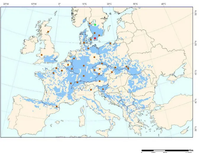 Figure 1. The current European beech distribution in Europe. The red circle indicates position of the Trolleholm trial site