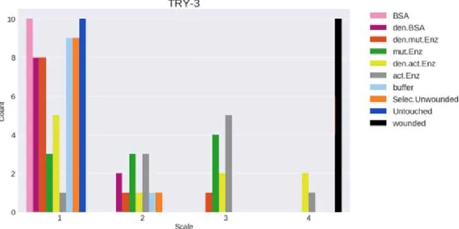 Figure 6. Results from trial 3 for samples of 10 plants per factor presented as histograms of distributions 