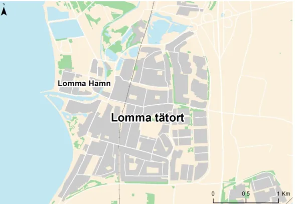 Figur 11: Karta över Lomma tätort och utvecklingsområdet Lomma Hamn. Kartdata: Fastighetskartan markdata, vektor;  vägkartan, vektor © Lantmäteriet (2019).