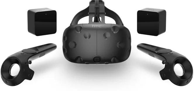 Figur i.  HTC Vive; ett mer avancerat VR-system, bestående av handkontroller, en HMD och   sensorer.