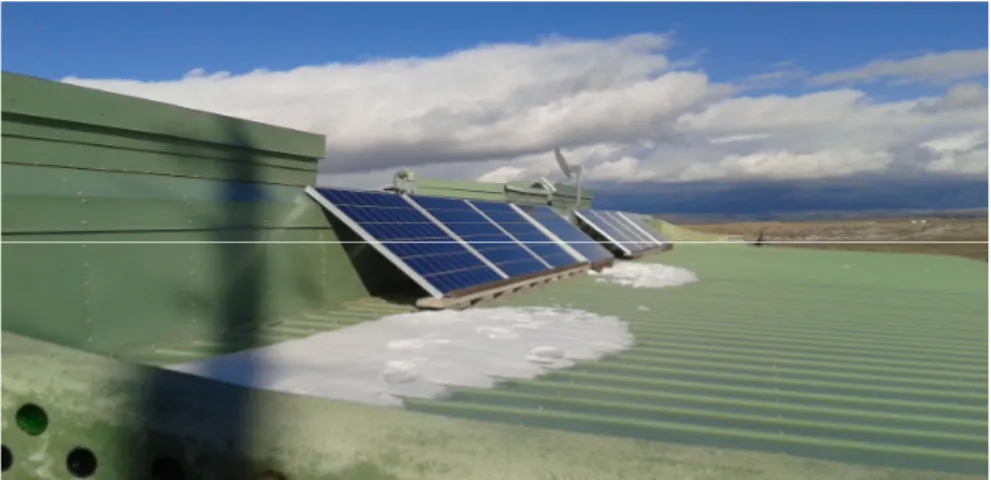 Figure 2. Solar panels on the rooftop of an Earthship. Taos, New Mexico, late December 2015