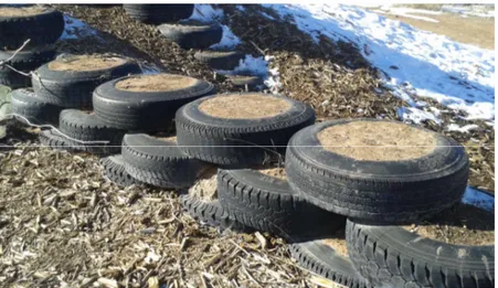 Figure 3. Stacked car tiers rammed with earth. Taos, New Mexico, late December 2015.   Source: Martin Ekwall (2015) 