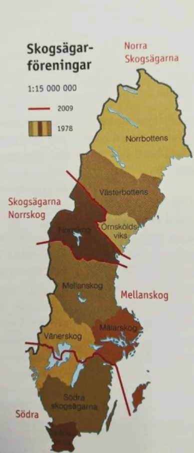 Figur 1. Skogsägarföreningarnas  placering, Wastenson L. m.fl, 2011. 