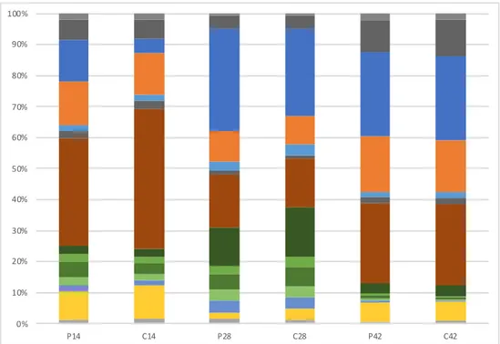 Figure 7. The LAB community profile* detected with T-RFLP analysis, shown in mean values for the  probiotic (P) and control (C) group at 14, 28 and 42 days of age