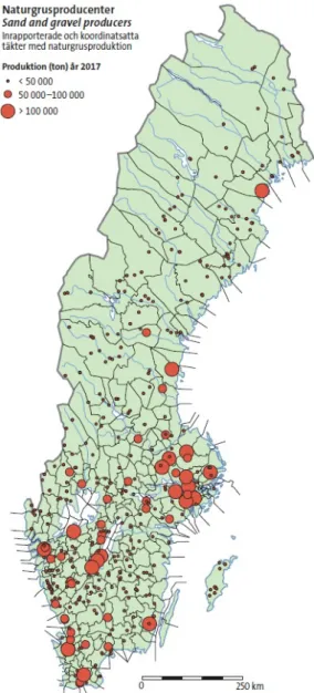 Figur 4. Svenska naturgrusproducenter. (Sveriges geologiska undersökning, 2017)
