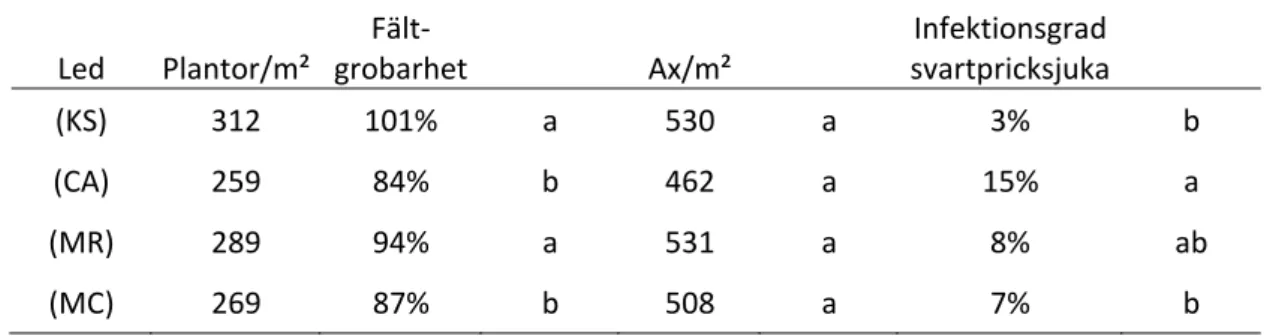 Tabell 7. Resultat av planträkning, axräkning och svampgradering. Medelvärden med skilda bokstäver  är signifikant skilda.  Led  Plantor/m²  Fält‐ grobarhet     Ax/m²     Infektionsgrad  svartpricksjuka     (KS)  312  101%  a  530  a  3%  b 