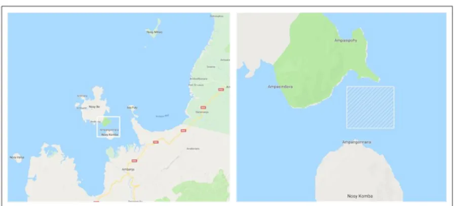 Figure 1. Map of Nosy Vorona passage. The marked area is where the surveys where done