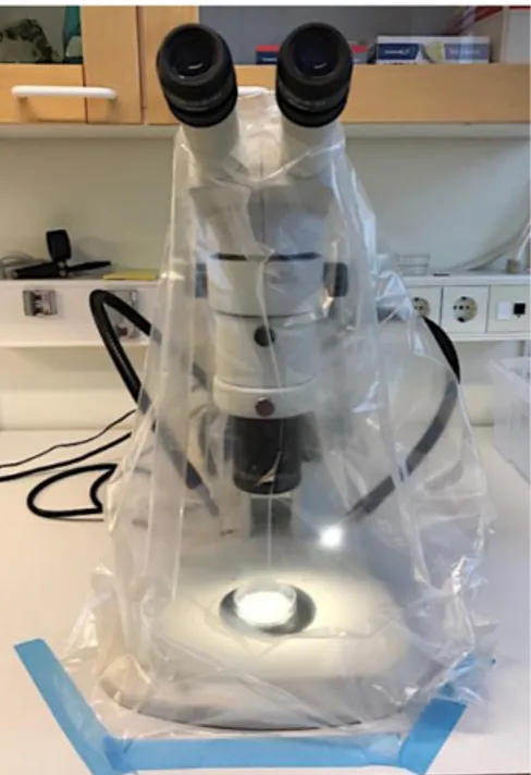 Figure 4. The setup for the diet analysis composing of a stereomicroscope wrapped in a plastic cover