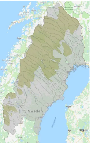 Figur 1. Samebyars geografiska utbredning inklusive åretruntmarker (mörkgrönt). Data från RenGIS 