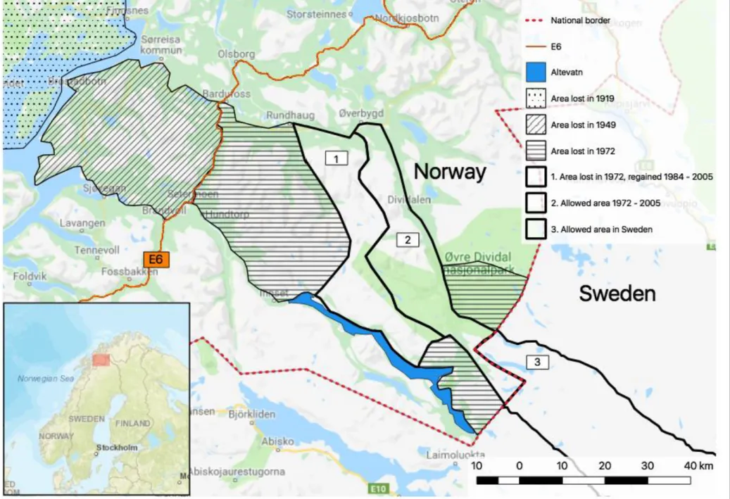 Figure 6. Map showing land use restrictions for Saarivuoma RHC between 1919–2005. Map developed by Tor Hansson Frank