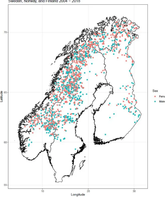 Figure 1 : Locations of male and female samples across Fennoscandia from  