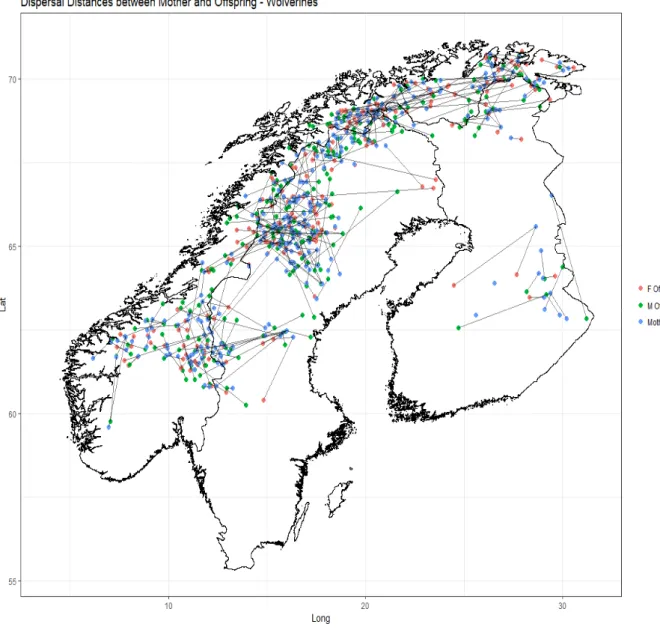 Figure 9 : Dispersal distances between mothers and their offspring across Fennoscandia