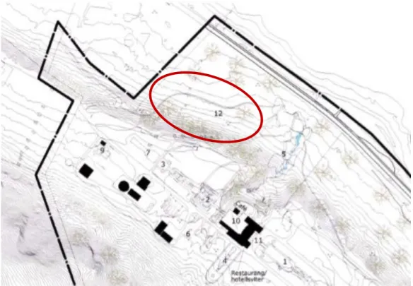 Figur 1. Tors park nr 12 inringad, Japanska trädgården nr 5, Villa Abelin nr 11. (Klipp från: beskuren bild ur  detaljplanen för Elestorp 6:6 m fl inom Norrviken, Båstad kommun, 2008-09-08.) 