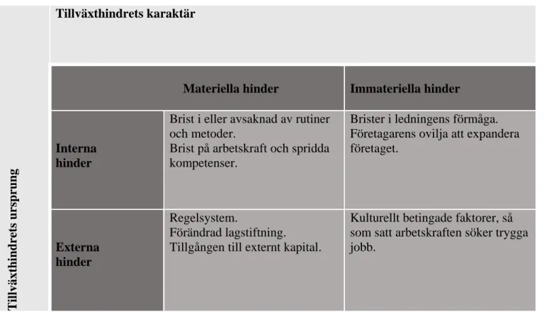 Figur 1. Tillväxthinder i företag, kategoriserat utifrån ursprung och karaktär. Egen  