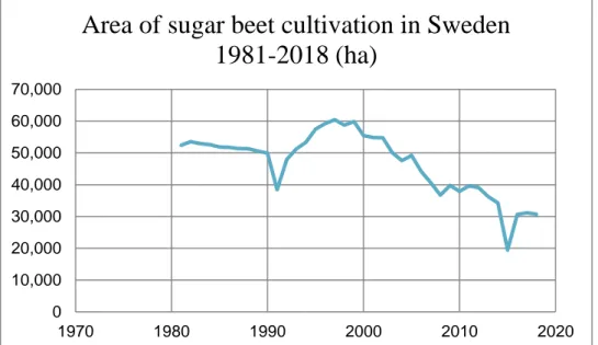 Figure 1: The arable land used for sugar beet cultivation in Sweden from 1981-2018.  Based on statistics from Swedish Board of Agriculture