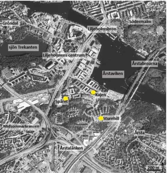 Figur 1: Karta över Liljeholmen i Stockholm med angränsande stadsdelar. 