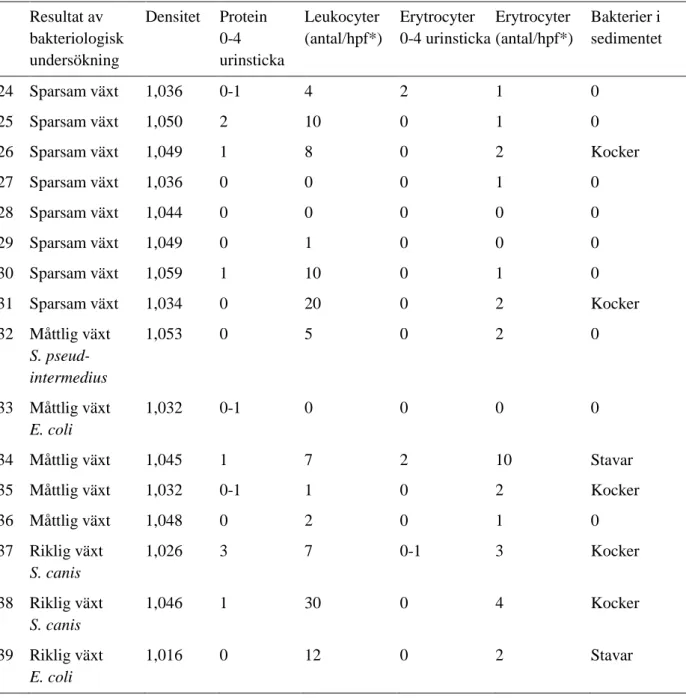 Tabell 2. Forts.  Urinanalys  Resultat av  bakteriologisk  undersökning  Densitet  Protein 0-4  urinsticka  Leukocyter  (antal/hpf*)  Erytrocyter   0-4 urinsticka  Erytrocyter  (antal/hpf*)  Bakterier i  sedimentet  24  Sparsam växt  1,036  0-1  4  2  1  0