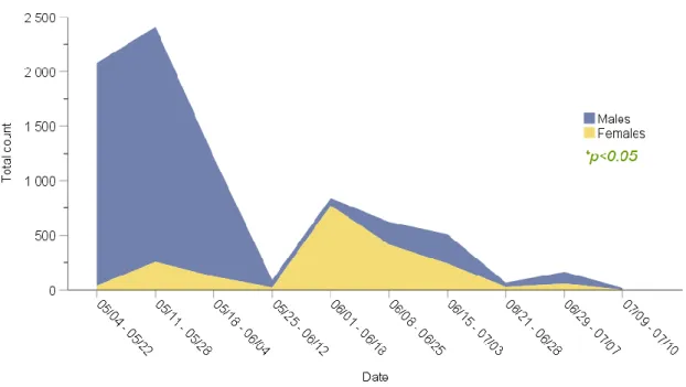 Figure 12. Total abundance of males and females throughout the crop season. Both male- and female data is displayed  staring from 0 on the y-axis The x- axis shows the time period for each of the ten visits to the fields during the period of  fieldwork