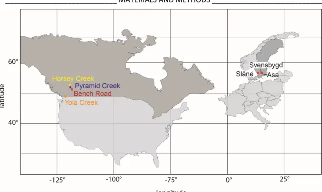 Figure 5: Provenances´ sites in Canada and location of the experiments in Sweden. 
