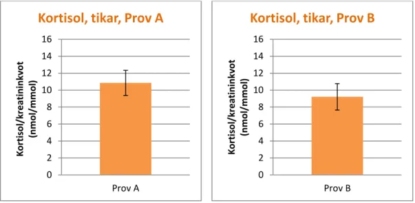 Figur 2. Kortisol-kreatininkvot (medelvärde±SE) i urin hos elva labrador retrievertikar, Prov A 