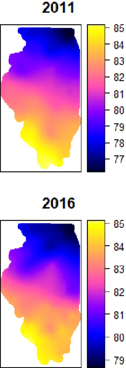 Figure 4-2 Interpolated maximum temperatures (degrees F) over the growing season using ordinary kriging