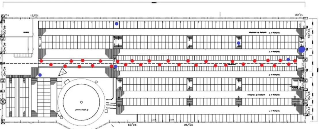 Figure 4. Design over the conventional dairy barn. Red dots indicates measurement points at the feed  alley and the blue dots indicated specific measurement points for a single scene