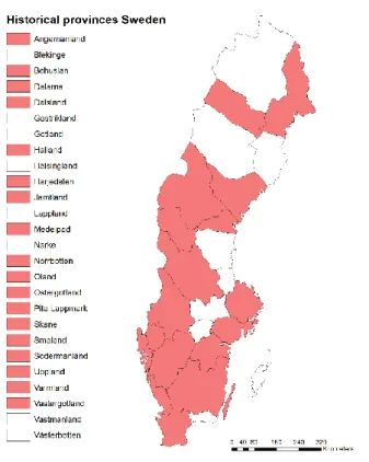 Figure 3: Swedish historical provinces for which species data  was used in analysis