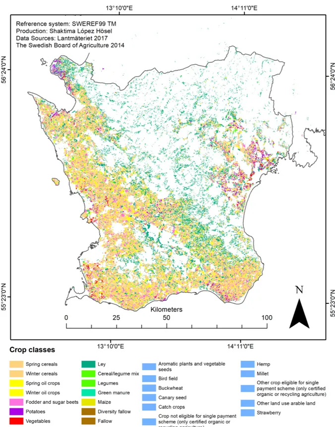 Figure 4. Crops grown by farmers in Scania in 2014. The map shows the distribution of the 25 crops classes, based on the 2014  parcel data