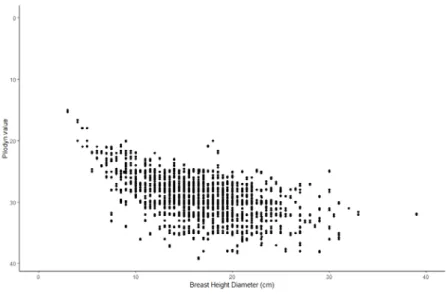 Figure 8 . DBH over Pilodyn value. Lower Pilodyn values indicate higher wood density values