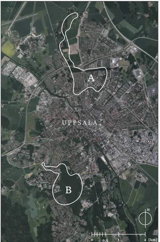 Fig. 4. Platser för fältstudier med löpning markerat med vitt. Bild skapad utifrån GDS- GDS-Ortofoto, 1m färg © Lantmäteriet