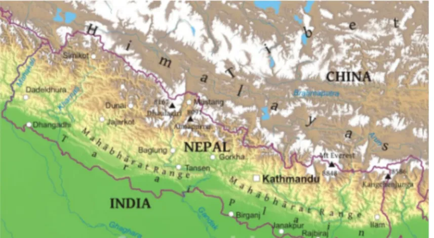 Figure 1. Nepal is situated between India and China. Map source:   http://www.freeworldmaps.net/asia/nepal/nepal-geography.jpg 