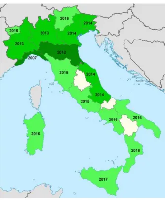 Figure 4- Year of first record of BMSB in Italy. Dark  green = recorded before 2013; medium  green = rec-orded in 2013–2014; light green = recgreen = rec-orded in 2015– 2017; white = no records (Cianferoni et al., 2018)